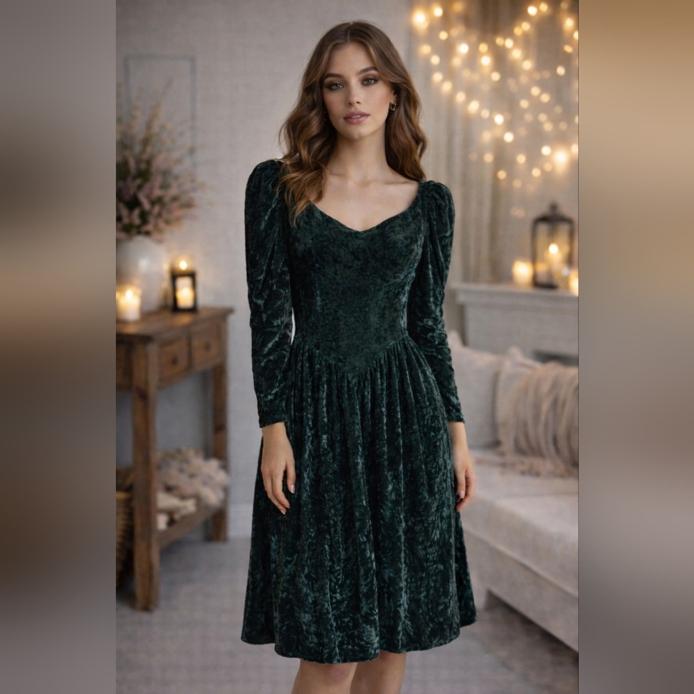 Vintage Green Velvet Puff Sleeve Dress Romantic Gothic Cottagecore Union Made